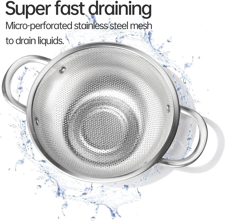 Premium Stainless Steel Colander for Kitchen, Food Strainer Basket with Handle and Solid Ring Base for Fruits Vegetables Rice and Pasta, Dishwasher Safe (3QT+5QT)