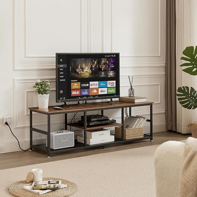 VECELO TV Stand with Power Outlets for Televisions up to 65Inch, 55" Media Entertainment Center with Charging Station 3-Tier Open Storage Shelves with Metal Frame for Living Room/Bedroom,Brown