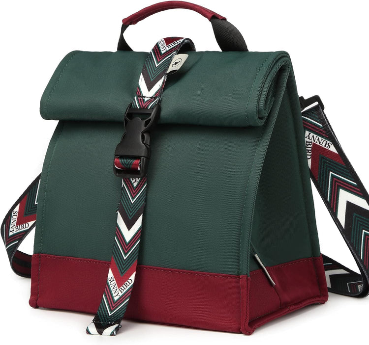 SUNNY BIRD Insulated Lunch Bag Rolltop Lunch Box Tote Bag for Women, Men, Adults and Teens (Green with Boho strap)