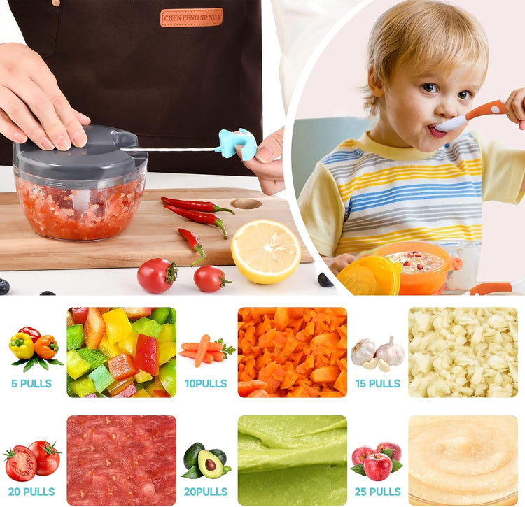 Manual Food Processor Vegetable Chopper, Portable Hand Pull String Garlic Mincer Onion Cutter for Veggies, Ginger, Fruits, Nuts, Herbs, etc., 500ml,(Gray-blue)