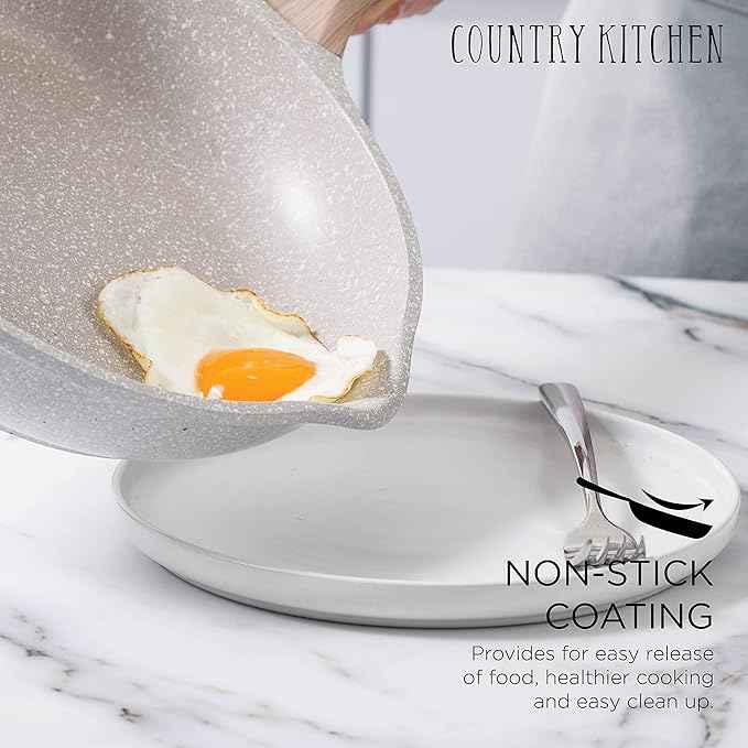 Country Kitchen Non-Stick Cast Aluminum Cookware Set - Durable Kitchen Cookware for Everyday Cooking, Cream, 15 Pc.