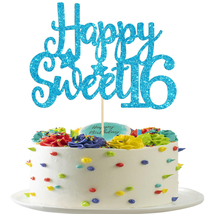 1Pc Happy Sweet 16 Cake Topper Glitter 16th Birthday Cake Pick for Cheers to 16 Years Old 16th Birthday Party Cake Decorations Supplies Light Blue