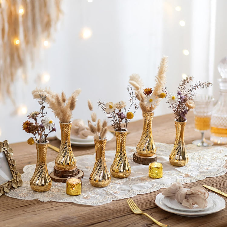 NUPTIO Glass Bud Vase Gold: 6 Pcs Small Flower Vases for Wedding Party Table Centrepiece - Vintage Ribbed Vase for Home Birthday Reception Decorations