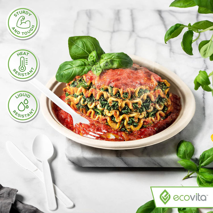 100% Compostable Forks - 500 Large Disposable Utensils (7 in.) Bulk Size Eco Friendly Durable and Heat Resistant Alternative to Plastic Forks with Convenient Tray
