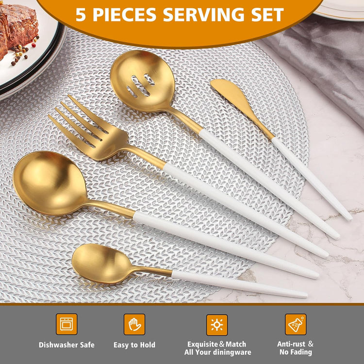 Matte Whitegold Serving Set,Oliviola 5-Piece Stainless Steel Large Hostess Set with Round Edge, Satin Finished, Dishwasher Safe -Large Spoon, Large Fork,Butter Knife,Sugar Spoon & Slotted Spoon