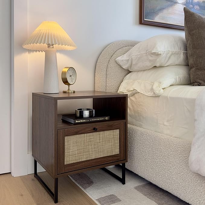 Nathan James Mina Boho Nightstand, Small Nightstand, Rattan End Table with Storage, Walnut Side Table with Rattan Accent, Walnut Brown/Black, Set of 2