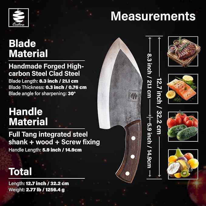 COOLINA Lixy Cleaver Chef Knife, 8.7-in Hand-forged High Manganese Clad Steel, Full Tang Butcher Knife, Razor Sharp Kitchen Knife for Camping, Outdoor Cooking, Slicing, Cutting Meat