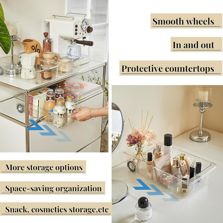 Attelite RollOut Refrigerator Drawer Organizer and Storage Clear Design with Dividers, Fridge Organizer on Wheels, Upgrade Thick Plastic Pantry Storage Bins, Kitchen Organization 2 Set