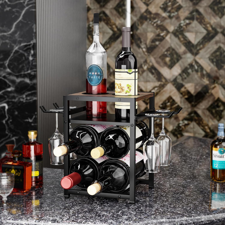 KLM Wine Rack Countertop, 6 Bottle 4 Glass Holder, Modern Wood Storage Stand with Tray, Black