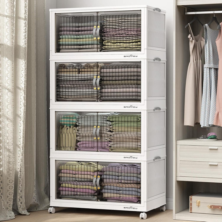 480Qt Stackable Storage Bins with Lid, Extra Large Closet Organizer Collapsible Drawer Boxes with Wheels, Folding Plastic Cabinet Containers for Home Kitchen Room Organization, 4Pack White