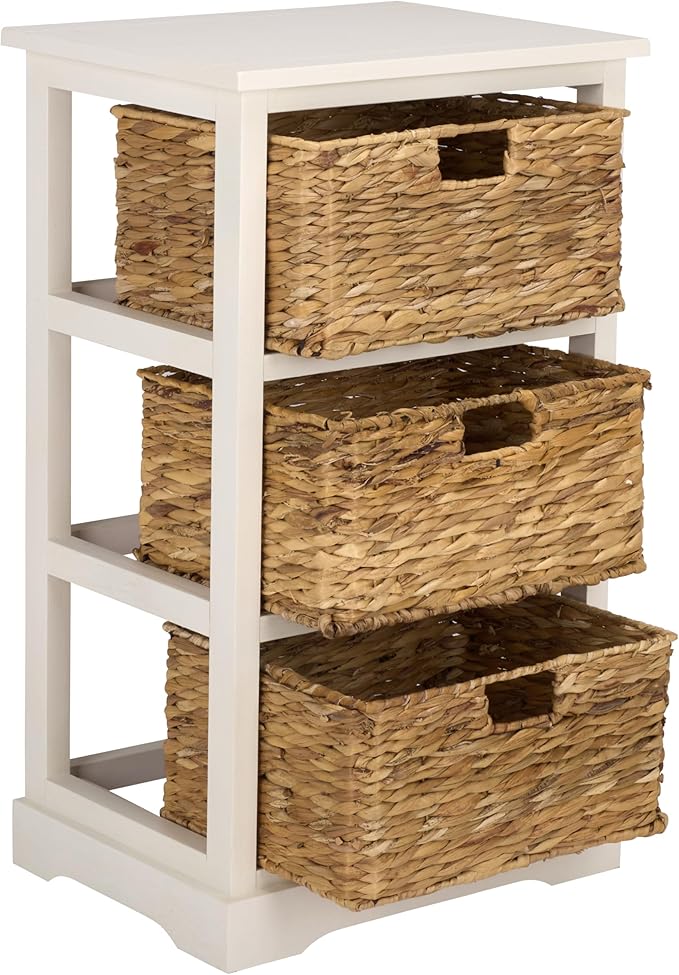 SAFAVIEH Home Collection – Halle Ivory 3-Drawer Basket Storage Side Table, Coastal Accent Design, Fully Assembled (AMH5738K)