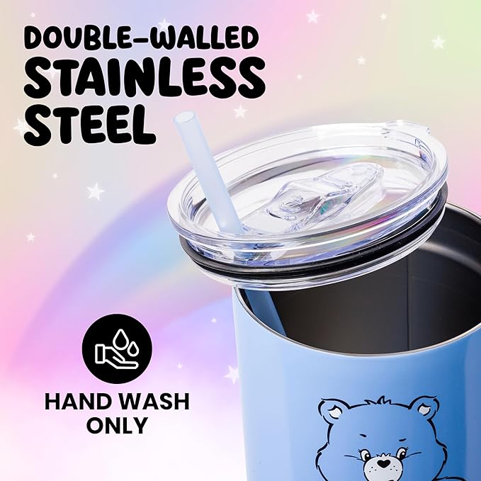 Silver Buffalo Care Bears Grumpy Bear Like I Care Double Walled Stainless Steel Tumbler with Handle and Straw, Fits in Standard Cup Holder, 40 Ounces