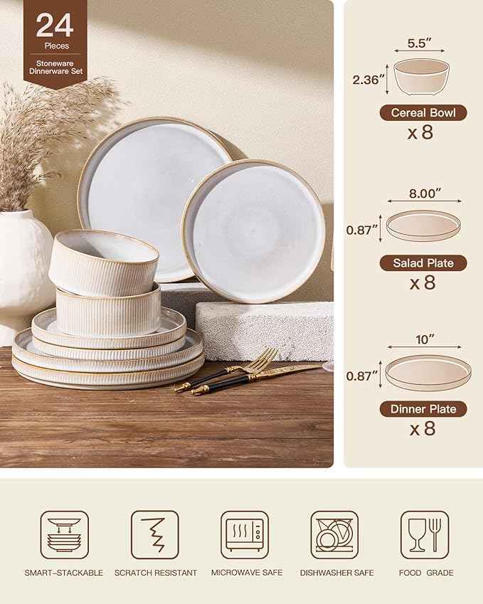 24-Piece Dinnerware Set for 8, Famiware Premium Stoneware Dish Set with Ribbed Plates and Deep Bowls, Double Reactive Glaze, Chip & Scratch Resistant, Microwave & Dishwasher Safe, Cappuccino White