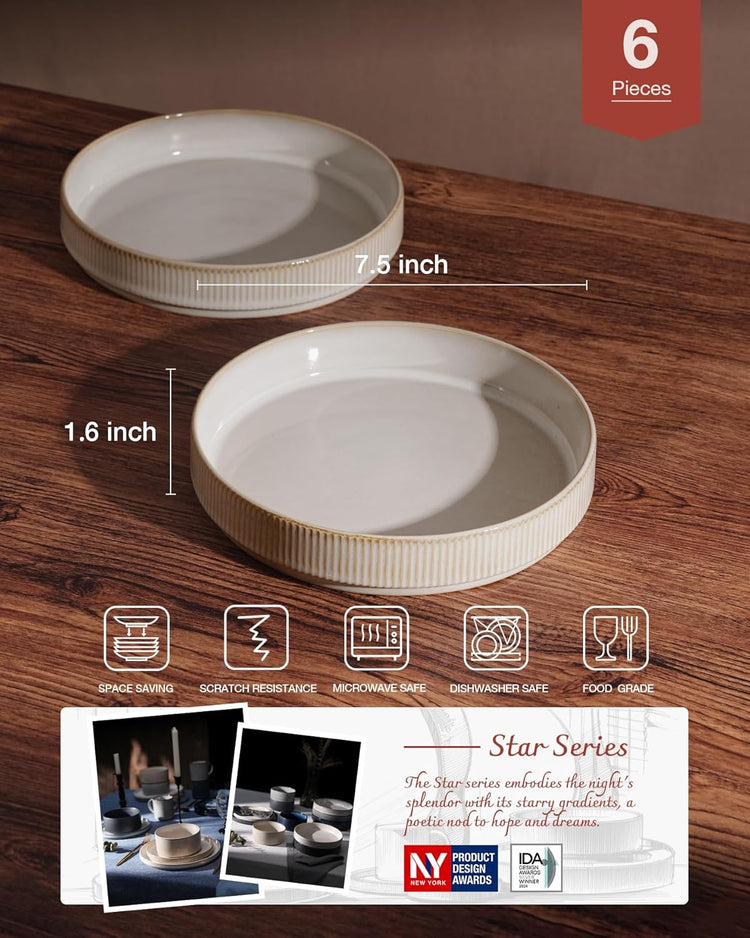 famiware Star 7.5" Pasta Bowls Set, Salad Bowl Set of 6, Double Reactive Glaze, Stackable, Perfect for Your Friend for Housewarming, Thanksgiving, Christmas, Cappuccino White