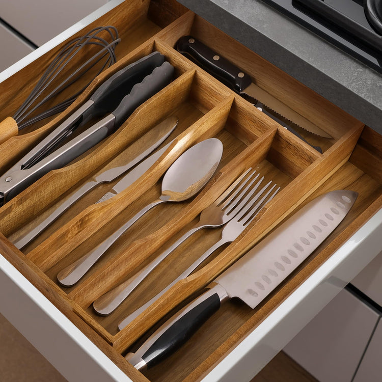 Expandable Acacia Kitchen Drawer Organizer for Cutlery and Utensils