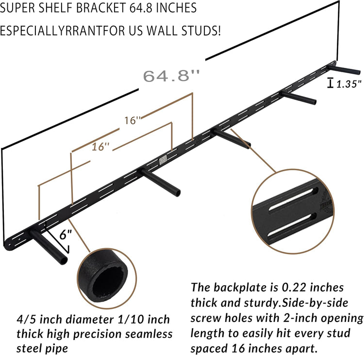 Rustic Floating Shelves 72 inch Long 8 "deep Set of 2, Heavy Duty Wood Wall Mounted Shelves for Bathroom Living Room Kitchen,Book Shelves with Thickened Hidden Bracket- Black