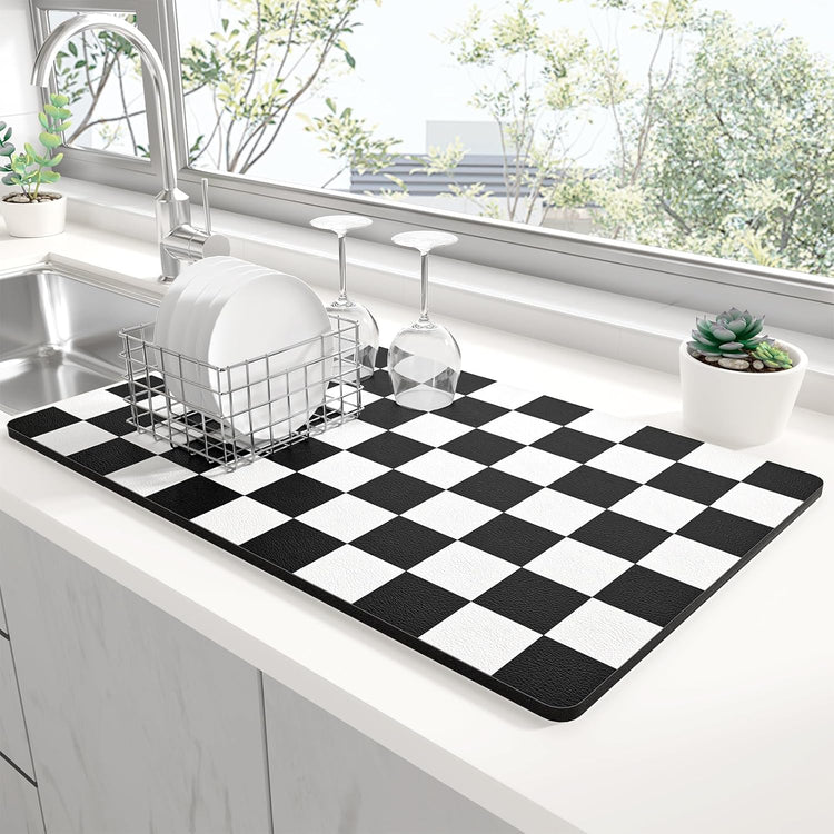 Rnivvi Dish Drying Mat for Kitchen Counter, XL 15 x 24" Cute Checkered Absorbent Draining Pad, Non-Slip Heat Resistant Coffee Bar Mat for Coffee Machine Station Accessories, Black White Dish Rack Pad