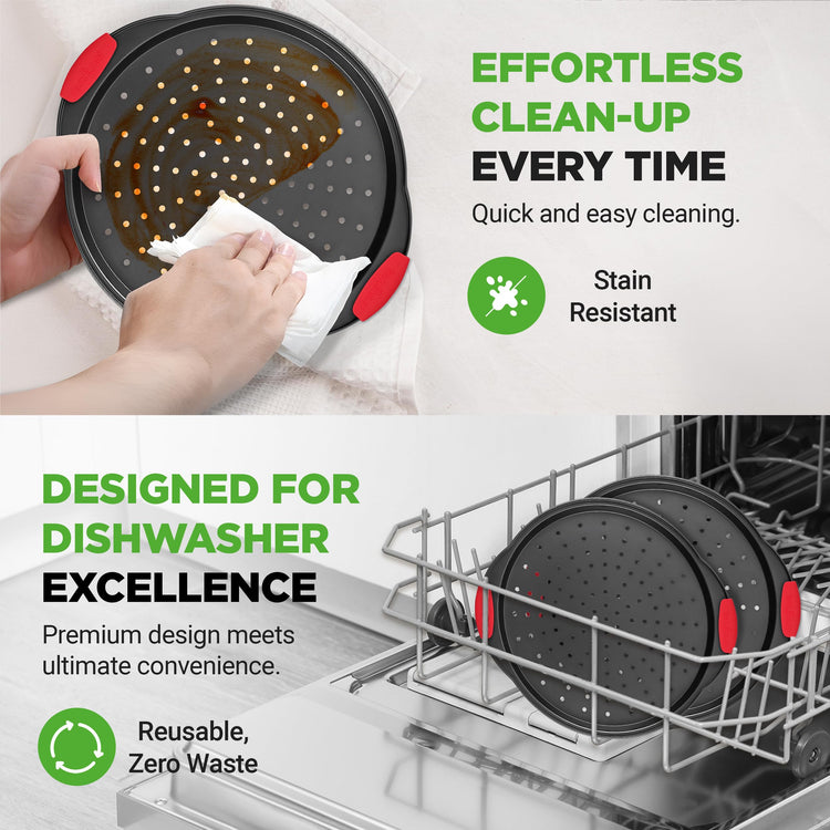 2-Piece 13-Inch Nonstick Pizza Tray, Round Carbon Steel Non-Stick Pizza Pan with Perforated Holes, Premium Bakeware Pizza Screen with Silicone Grip Handles, Dishwasher Safe, NCBPIZX2 (2 Count)