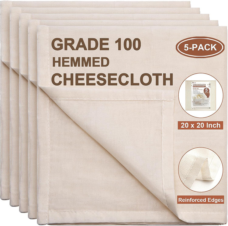 eFond Cheese Cloths | 5-Pack, 20x20Inch Squares with Hemmed Edges | Grade 100 Ultra Fine Reusable Cheesecloth for Straining | Unbleached Cotton Muslin Cloths | For Nut Milk, Butter, Baking & Cooking