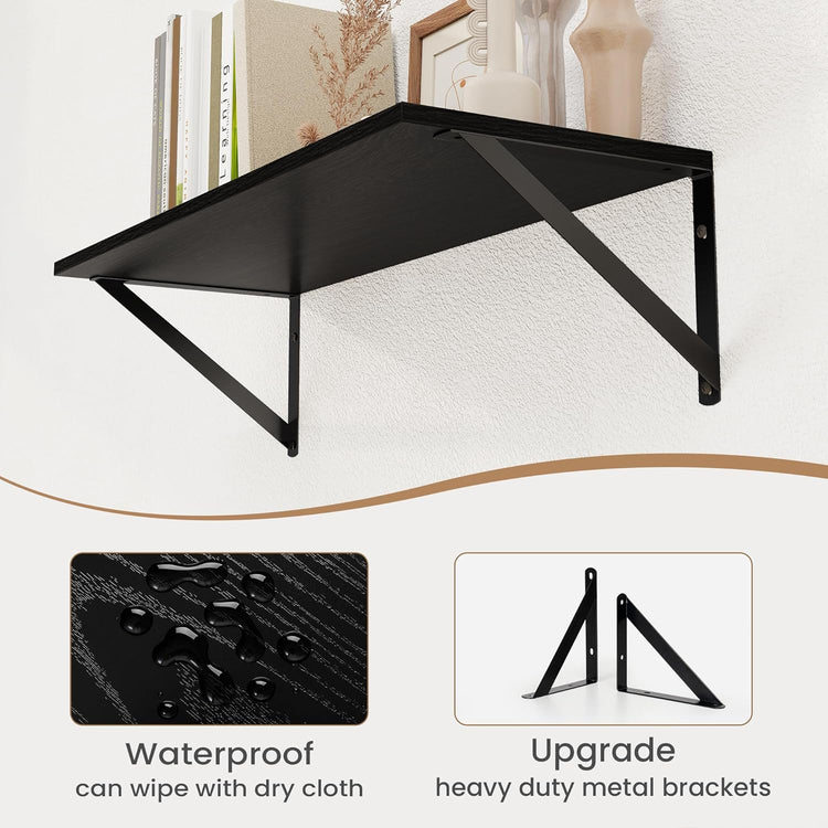 Heimlove Black Deep Floating Shelves for Wall, 24W x 8D Wood Wall Shelves Set of 2, Wide Floating Bookshelf for Living Room, Kitchen, Office, Bedroom and Decor Storage, with Metal Bracket - Black