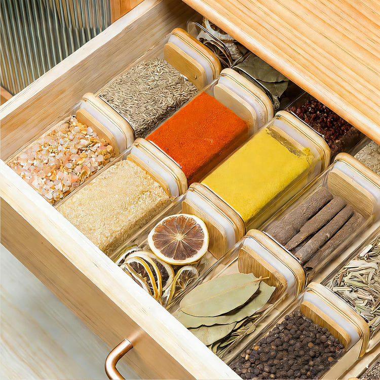 Glass Spice Jars with Labels 8 oz 6 Pack Square Bamboo Lids (6 Count)