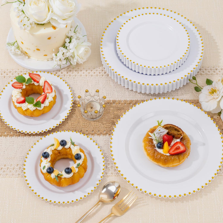 100pcs White Plastic Plates with Gold Beads for Bridal Showers (100 Count)