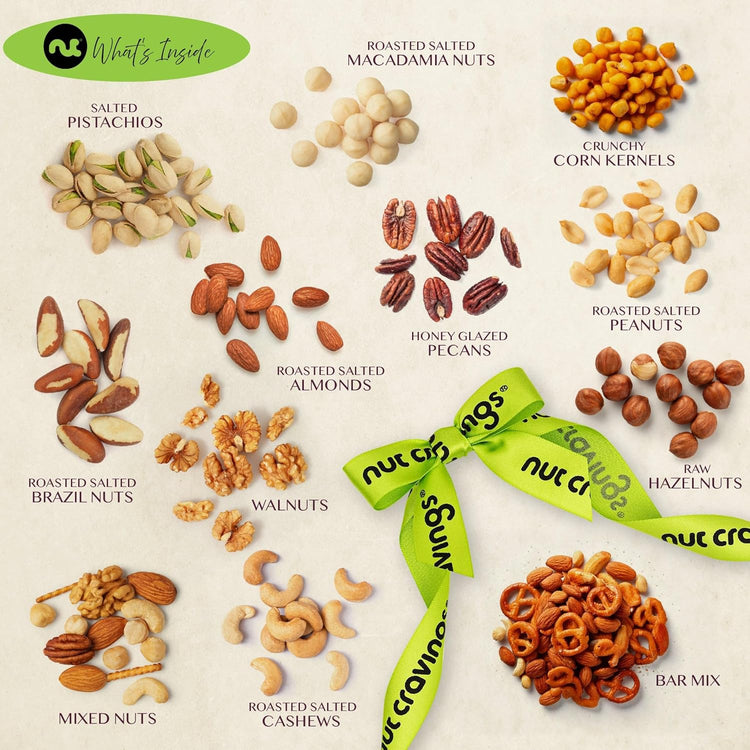 NUT CRAVINGS Gourmet Collection - Congratulations, Nuts Gift Basket with Congrats Ribbon + Greeting Card in Reusable Wooden Tray (12 Assortments) Graduation Food Arrangement, Healthy Snack, Food Assortments