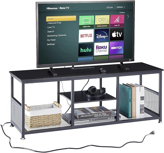 VECELO TV Stand with Power Outlets for Televisions up to 55 Inch, 47" Media Entertainment Center with Charging Station 3-Tier Open Storage Shelves with Metal Frame for Living Room/Bedroom,Black