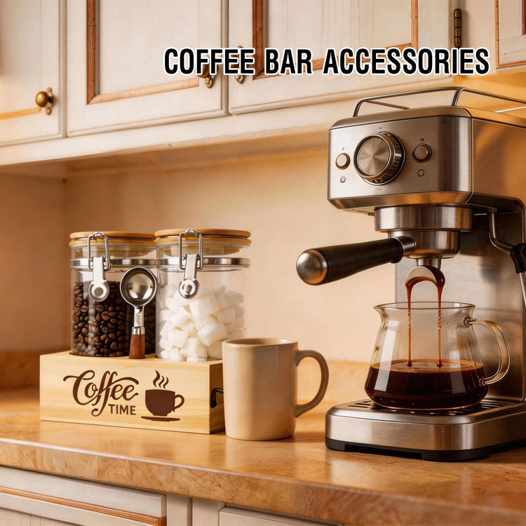 Glass Coffee Canister Set with Shelf & Spoon 2 Piece Coffee Containers for Coffee Bean Storage Airtight Seal