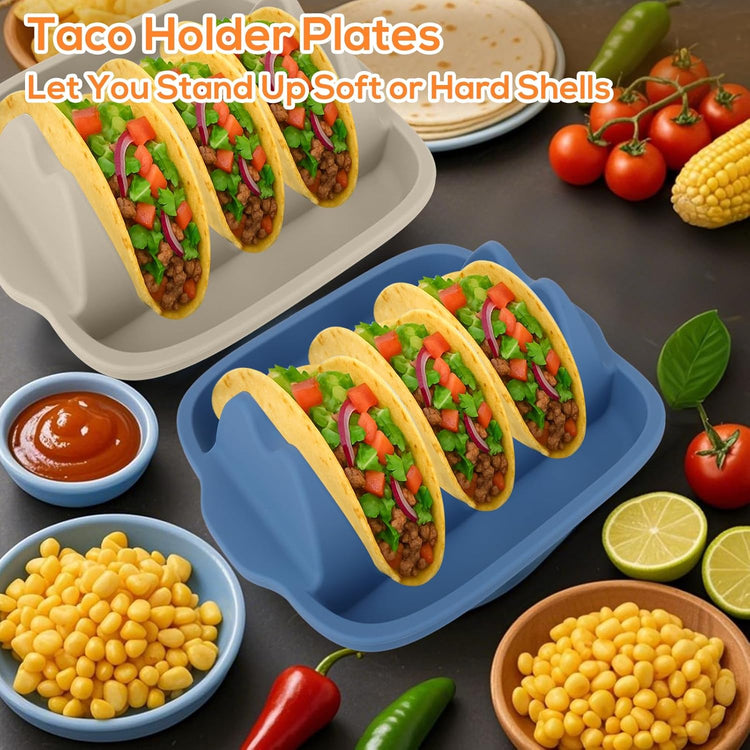 Silicone Taco Holders Set of 2 - Reusable Taco Stand with Dividers for Hard/Soft Shells, Microwave & Dishwasher Safe, Non-Slip Taco Serving Plates for Taco Tuesday, Party, Fiesta(white + navy)