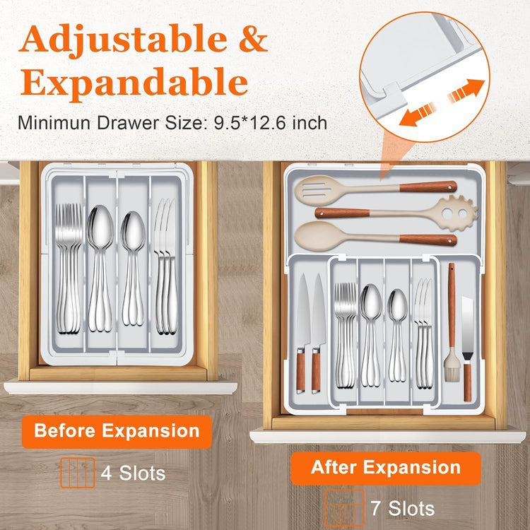 Expandable Silverware Drawer Organizer BPA Free Cutlery Organizer Small Utensil Organizer for Kitchen Drawers Adjustable Spoons Forks Knives Storage Divider, Gray
