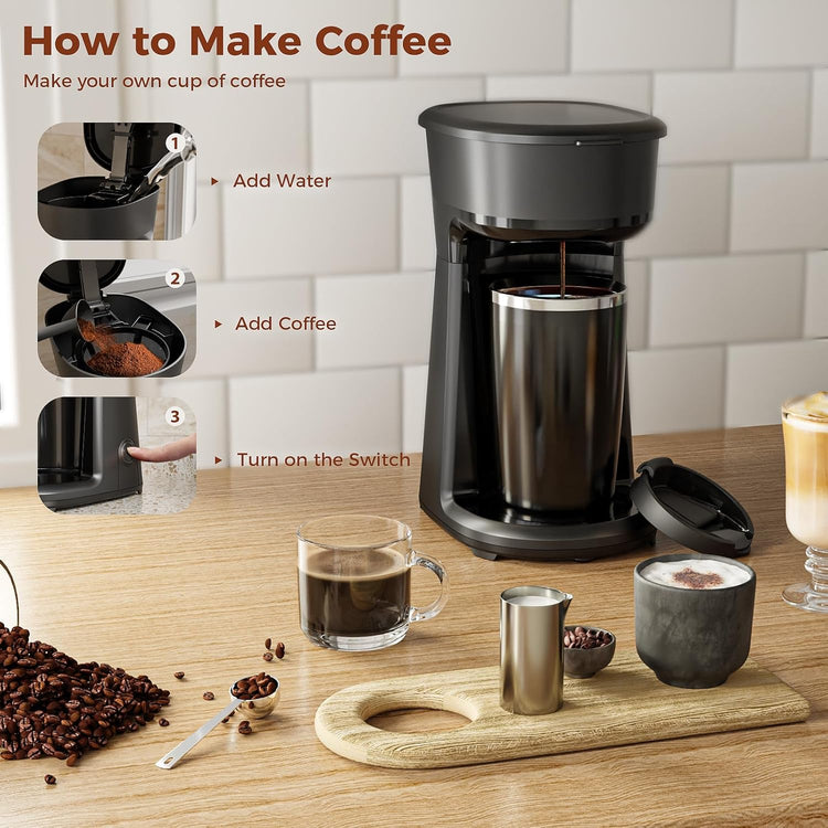 Single Serve Drip Coffee Maker with Travel Mug, One-Touch Operation, Fast Brew, Compact Small Coffee Maker with Removable Filter,Ideal for Home, Office, or On the Go(Black)