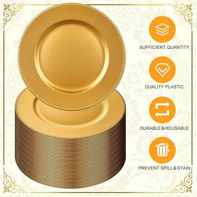 200pcs Gold Charger Plates With Napkin Rings Set Include 100 Gold Beaded Charger Plates 100 Napkin Rings, 13 Inch Plastic Round Chargers for Dinner, Wedding, Birthday, Party, Banquet, Table Setting