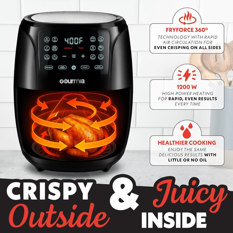 Gourmia Air Fryer 6 QT Digital – Guided Cooking with 12 One‑Touch Presets, FryForce 360 Large XL Basket, Touchscreen, Dishwasher‑Safe Accessories, Healthy No‑Oil Cooking GAF686