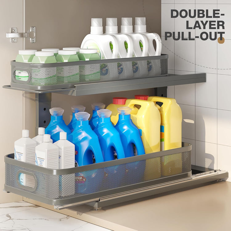 2 Pack 21IN-Depth Under Sink Organizer With Next-Gen Ball-Bearing Slides,2-Tier Precision Mesh Pull Out Cabinet Storage for Bathroom&Kitchen,Height Adjustable Drawers Shelf,Anti-rust-Grey