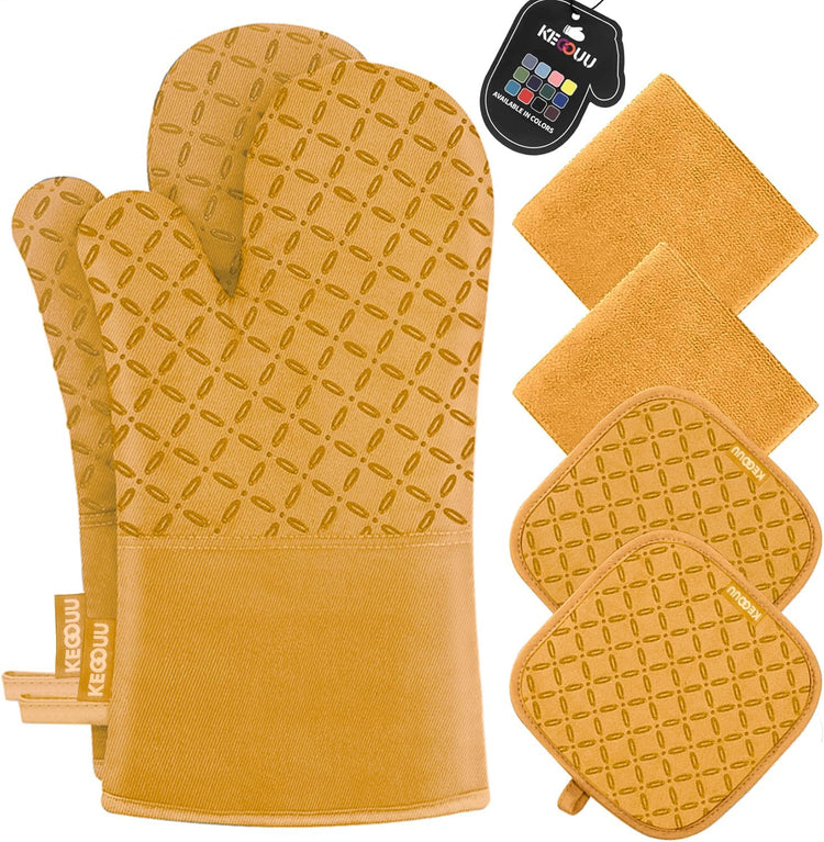 KEGOUU Oven Mitts and Pot Holders 6pcs Set, Kitchen Oven Glove High Heat Resistant 500 Degree Extra Long Oven Mitts and Potholder with Non-Slip Silicone Surface for Cooking (Orange)