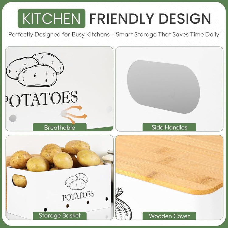 Potato Onion and Garlic Storage Bins with Wooden Lid & Breathable Holes – Rustic Farmhouse Stackable Kitchen Vegetables Canisters with Ventilation & Side Handles Space Saving – Set of 3