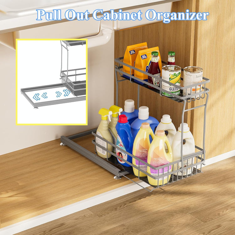 2 Pack Under Sink Organizers and Storage, 2 Tier Pull Out Cabinet Organizer, Metal Sliding Drawer Storage for Kitchen Bathroom,Gray