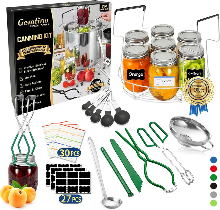 Canning Supplies Starter Kit,Canning Kit for Beginners of 11 with Rack, Jar Lifter,Funnel,Wrench,Tongs,Lid Lifter,Bubble Popper,Labels,ladle,Measuring Spoon-Deep Green