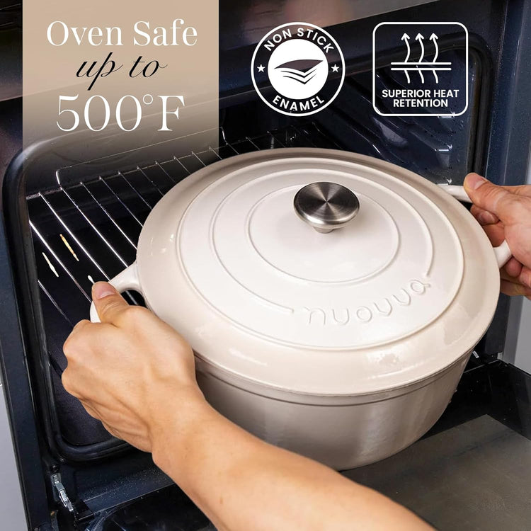 Nuovva Enamelled Cast Iron Dutch Oven Pot with Lid 6.4 Quart Non Stick Casserole Pot – Heavy Duty & Oven Safe up to 500° F for Bread Baking, Braising, Stews, Roasting – 28cm Oyster - Nestoria
