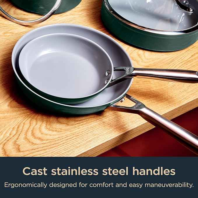 Ninja Ceramic Pro 14-Piece Cookware Set, Non-Stick Pots & Pans Set with Glass Lids, Nontoxic, PTFE Free, Ceramic Coated, Oven Safe, All Stovetops & Induction Compatible, British Racing Green CW39011GN