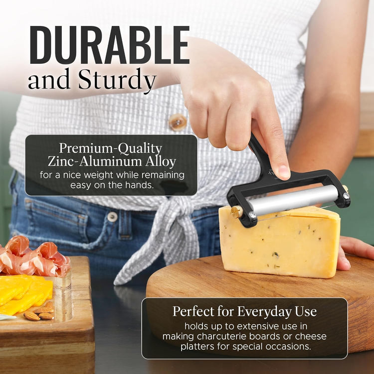Zulay Kitchen Stainless Steel Wire Cheese Slicer - Adjustable Hand Held Cutter with 2 Extra Wires - Premium Cheese Shaver For Mozzarella, Cheddar, Gruyere - Black