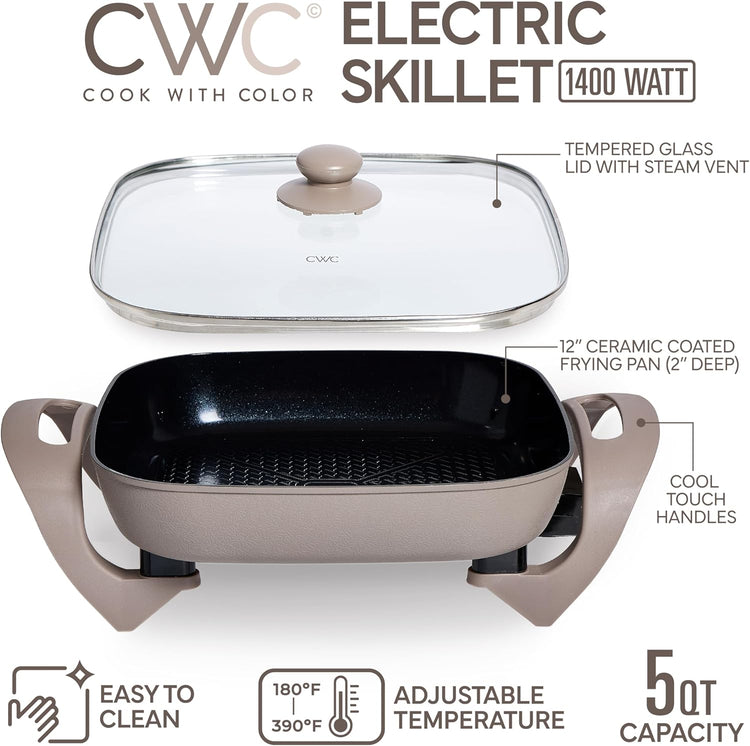 COOK WITH COLOR Electric Skillet - 12" x 12" Ceramic Nonstick Pan, PFAS-Free, 1400W, Tempered Glass Lid, Variable Temperature, Removable Heating Probe, Cool-Touch Handles, Greige