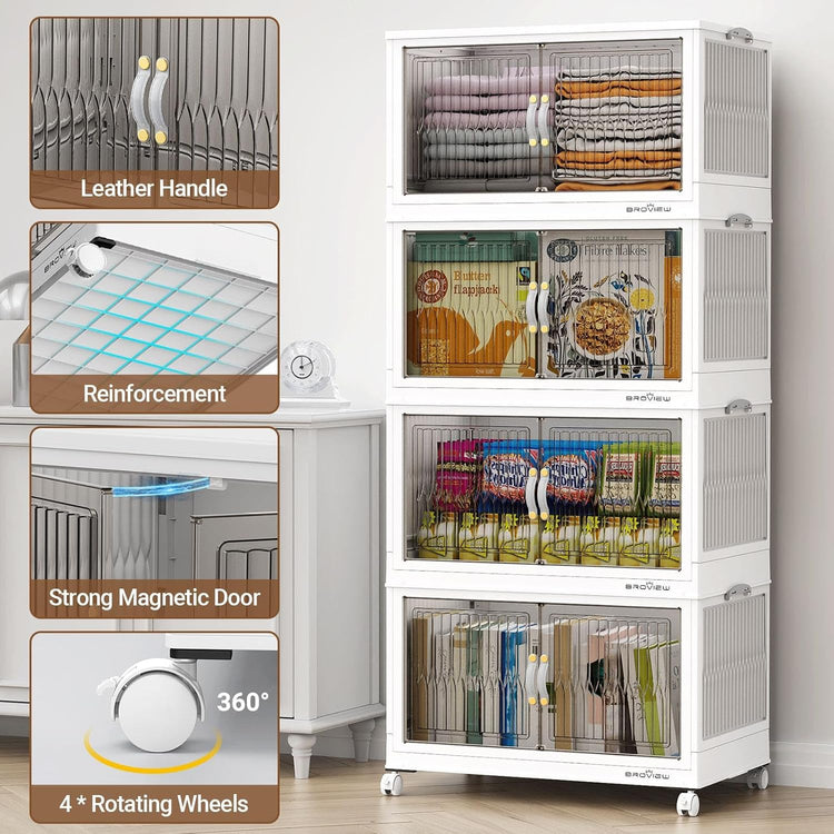 400Qt Stackable Storage Bins with Lid, Extra Large Closet Organizer Collapsible Drawer Boxes with Wheels, Folding Plastic Cabinet Containers for Home Kitchen Room Organization, 4Pack White