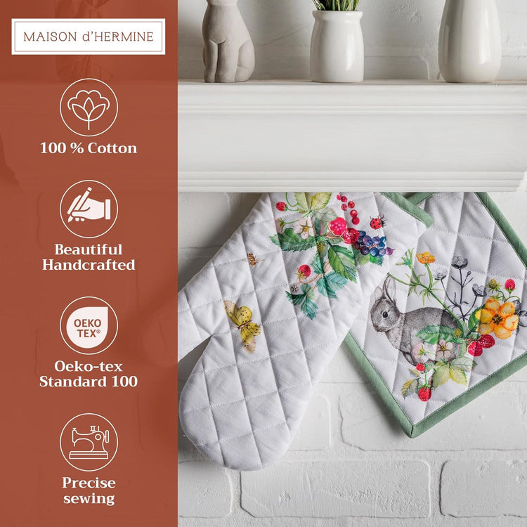 Maison d' Hermine 100% Cotton Oven Mitt & Pot Holder Set (7.5"x13" & 8"x8") Heat Resistant BBQ Cooking Gloves with Loop, Baking, Grilling, Kitchen, Handling Hot Pans Spring/Summer (Printemps)