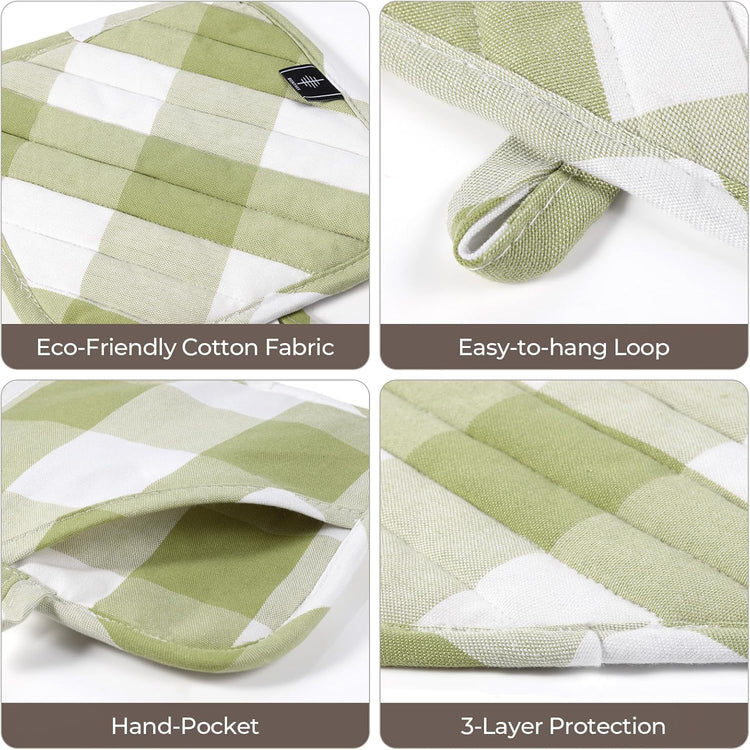 Cotton Pot Holders for Kitchen Heat Resistant Potholder Hot Pads Trivet Coaster Non-Slip Potholders Set for Cooking and Baking (2, Green Plaid, Square,8.27 in²)
