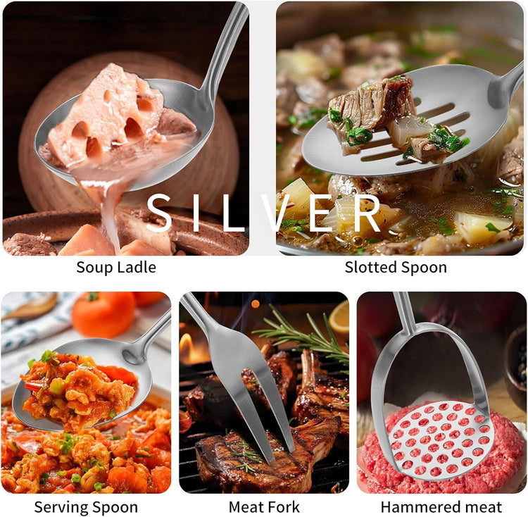 304 Stainlss Steel Kitchen Utensils Set, 12 Pcs Long Metal Cooking Utensil Gadgets Tools Set with Spatula, Ladle, Spoon, Ladle, Skimmer, Tunner, Pasta Server, Tongs(Silver, Dishwasher Safe)