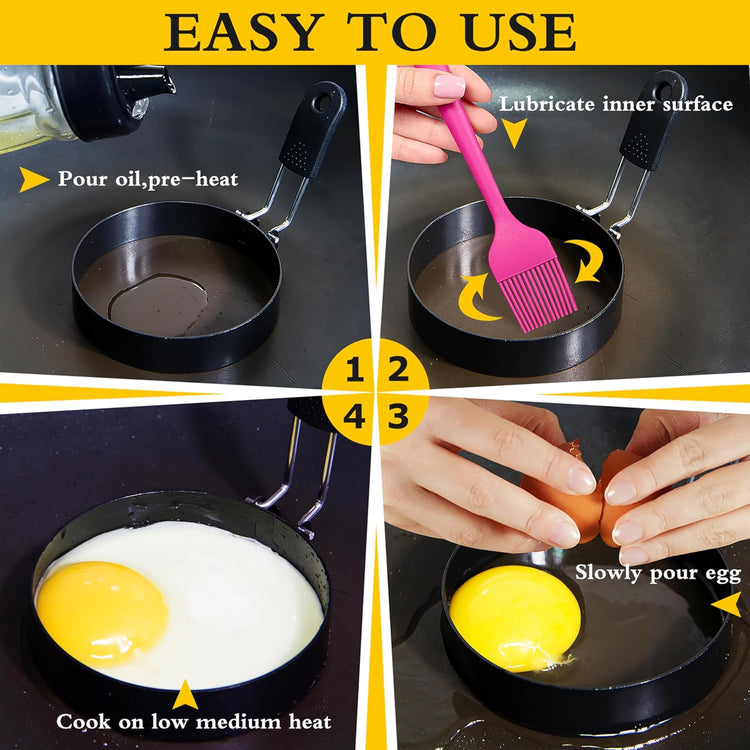 2 packs 3.5'' Egg Rings Set with Silicone Handle, Stainless Steel Egg Cooking Rings,Nonstick,For Frying Eggs and Egg Mcmuffins, Egg Mold For Breakfast