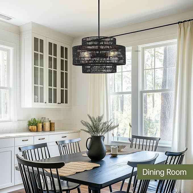 4-Light Black Boho Rattan Chandelier Light Fixture, 17.7” Hand Woven Rustic Chandeliers Farmhouse Chandelier Hanging Light for Dining Room Kitchen Island, Living Room, Foyer
