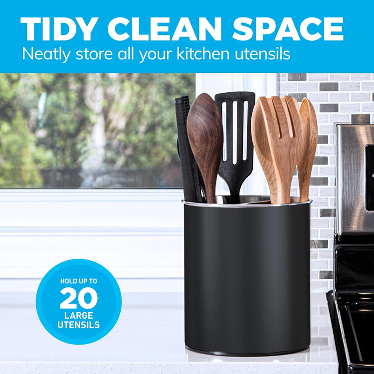 Rotating Extra Large Stainless Steel Utensil Holder Caddy with Sturdy No-Tip Weighted Base, Removable Divider, and Gripped Insert Bottom -Dishwasher Safe Metal Cooking Utensil Holder (Black)